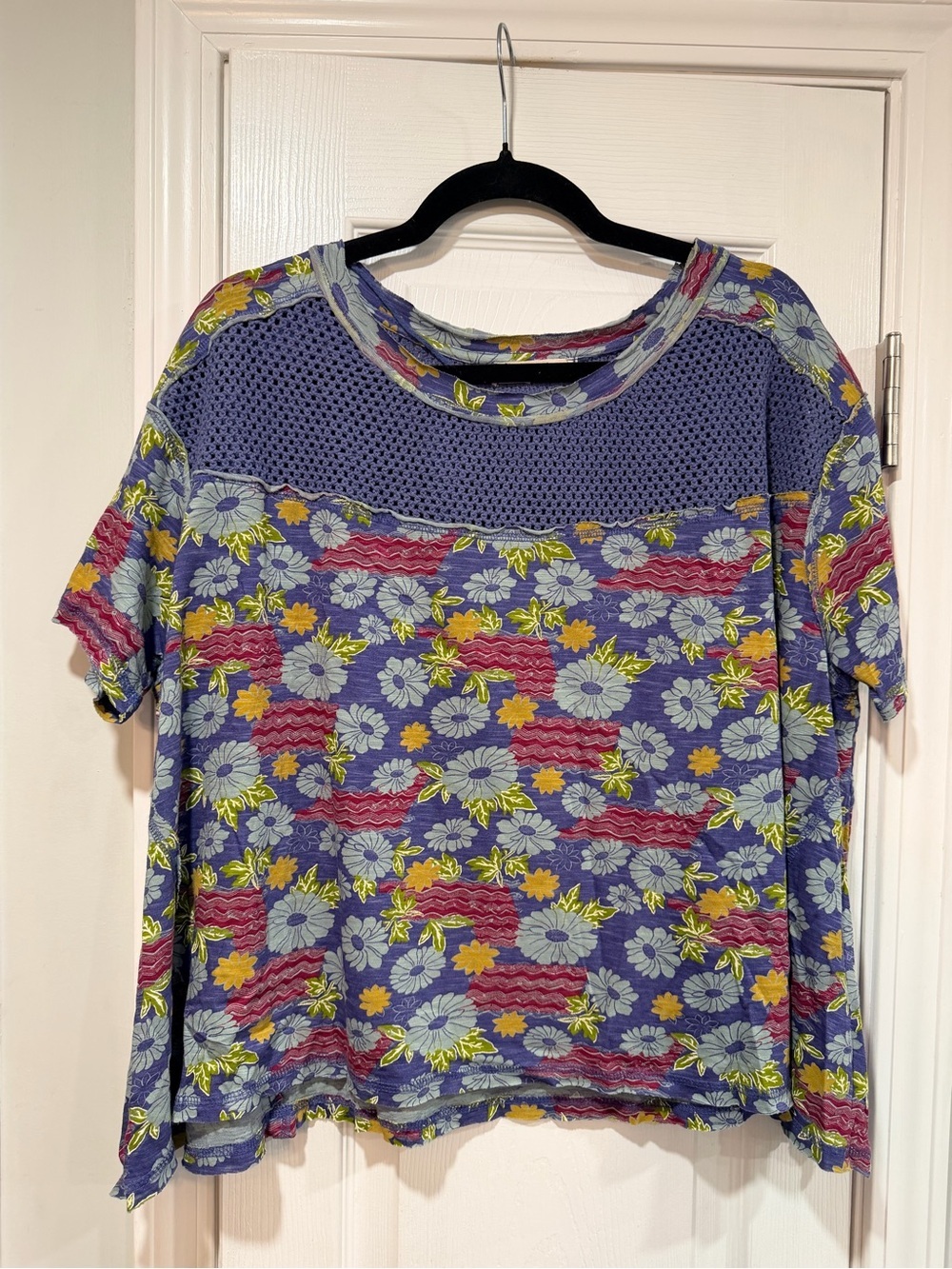 NWOT We The Free Size XS Floral Crochet Panel Boho Top Cotton Short Sleeve Flowy